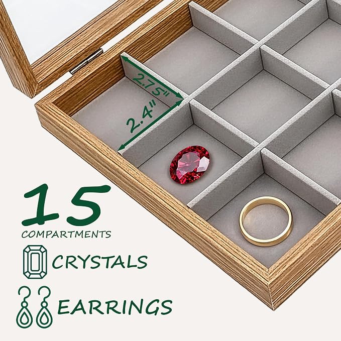 Wooden Travel Jewelry Box w. Tempered Glass Display Lid - Earrings Storage - 15-Compartments Velvet Organizer (Natural Oak) by The Display Guys
