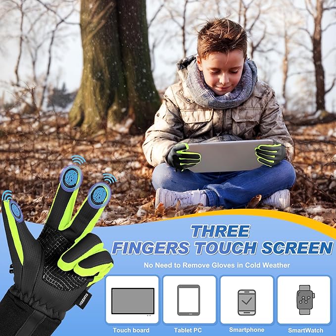 Sukeen Kids Winter Warm Gloves for Boys Girls Windproof PU Cold Weather Gloves Aged 4-14 Anti-Slip Gloves for Cycling Outdoor