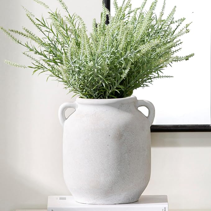 Vanselia Ceramic Flower Vase Home Table Decor Living Room Farmhouse 7.6 in | Small White Rustic Decorative Flowers Vases Plant Modern Decoration for Kitchen Shelf Coffee Dining Centerpieces Desk