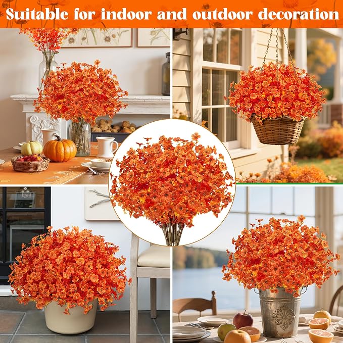 Ouddy Decor 24 Pcs Artificial Fall Flowers for Outdoors, Bright Orange | Lifelike faux mums, silk flower, UV resistant, no-maintenance, for autumn Thanksgiving garden porch yard indoor outdoor decor