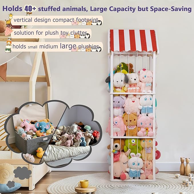 Stuffed Animal Storage, Space Saving Vertical Stuffed Animal Holder Wood, Easy Assembly Cottage-Style Plush Toys Organizer for Kids Bedroom & Playroom (White)