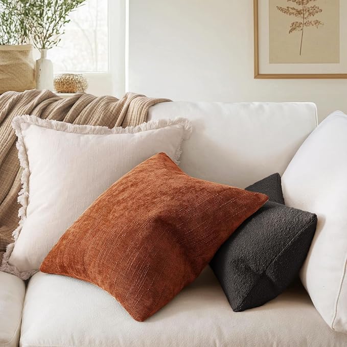 MIULEE Textured Chenille Fall Throw Pillow Covers 20x20 Inch Burnt Orange | Pack of 2 Decorative Soft Throw Pillows, Solid Textured Cushion Covers, Modern Home Decor for Couch Sofa Bedroom Living Room