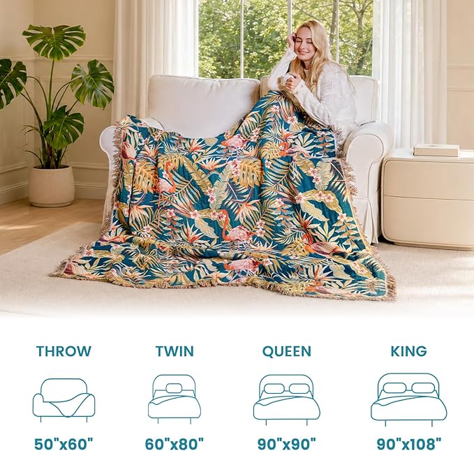 MSGKV Boho Throw Blanket 60"x80" 100% Cotton Jungle Animal Throw for Couch | 100% Cotton Throw, Jungle Animal Pattern, Reversible Woven, Breathable Lightweight, Couch Home Decor, Machine Washable