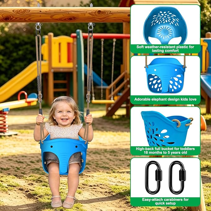 SELEWARE High Back Full Bucket Toddler Swing Seat, Heavy Duty Toddler Swing Set Accessories, Soft Plastic Elephant Baby Swing with Adjustable Rope & Locking Carabiners for Outdoor Playground, Blue