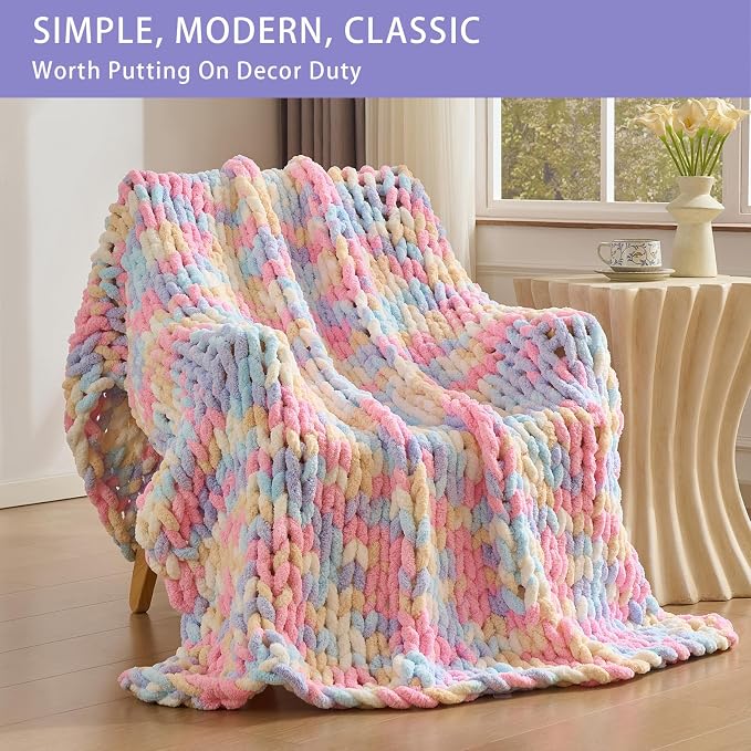 Bigacogo Chunky Knit Throw Blanket for Couch, 40x60 inches, PastelDreamMix | Hand Knit with Jumbo Chenille, Soft Breathable Cable Knit for Sofa Bed Living Room, Machine Washable, Gift for Mom Friend