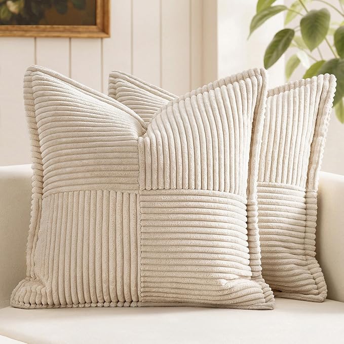 MIULEE Decorative Throw Pillow Covers for Couch 16x16 Inch Beige 2 Pack | Boho Broadside Striped Patchwork Pillow Covers, Soft Corduroy Cushion Cases, For Sofa Bed Livingroom Home Decor