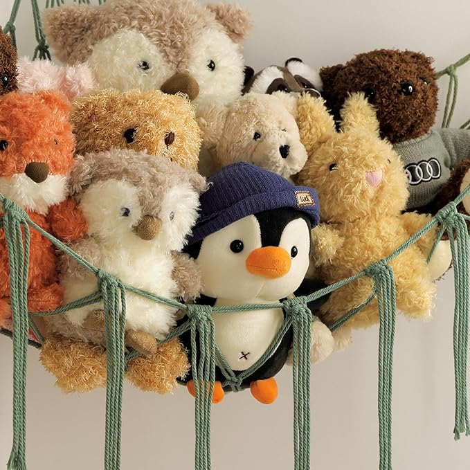 Stuffed Animal Hammock-Large Stuffed Animal Net For Toys Corner-Hanging Stuff Animal Toy Storage Organizer For Plush Plushie Display Yellow Girl Room Bedroom Boho Nursery Decor Toy Storage