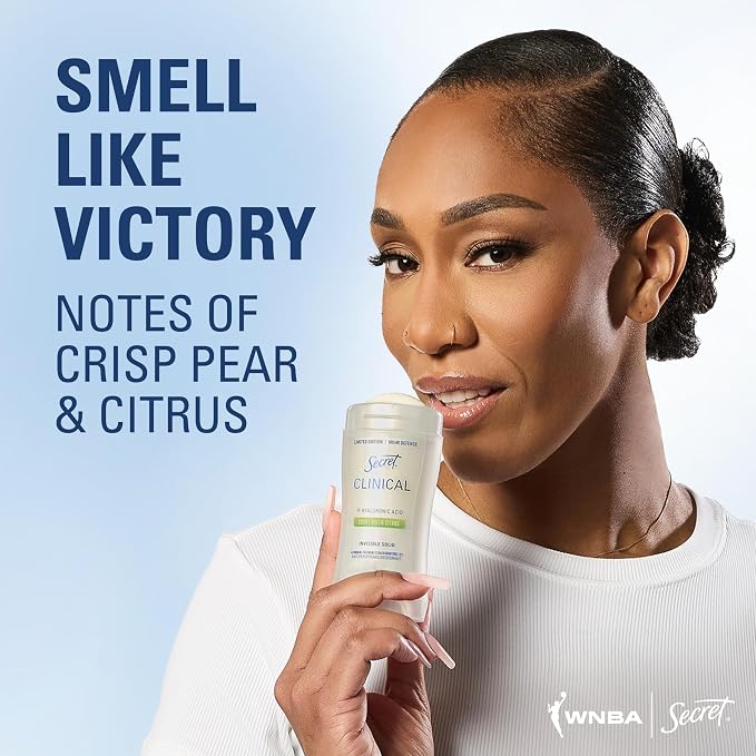 Secret Clinical Strength 100HR Defense, Invisible Solid Antiperspirant Deodorant for Women, A'Ja Wilson Edition, Triple Threat Sweat Protection, Hyaluronic Acid, Court Queen Citrus Scent, 2.6 oz