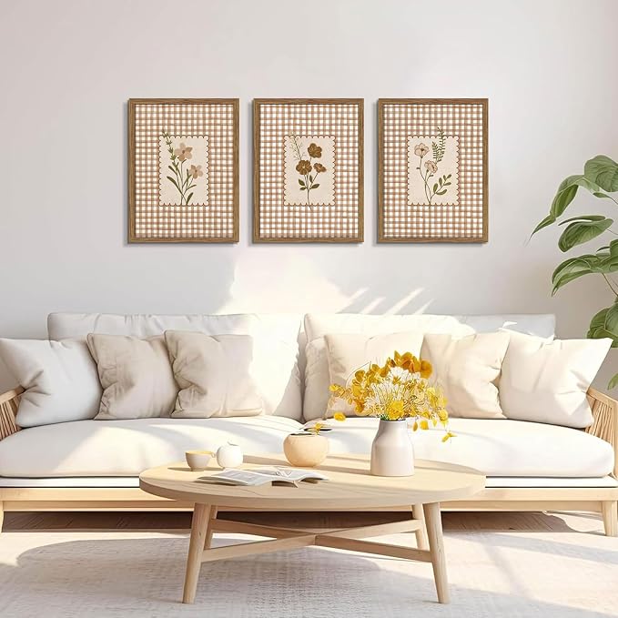 Framed Vintage Floral Wall Art Set of 3, Neutral Wildflower Botanical Canvas Wall Decor Paintings, Cottagecore Gingham Flower Posters Prints Pictures for Living Room Bedroom Bathroom 16x24 Inch