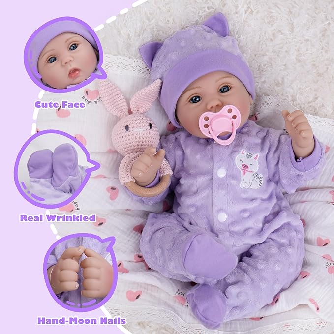 Milidool Lifelike Reborn Baby Dolls Girl-18 inch Realistic Newborn Baby Dolls, Nice Gift for for Kids Age 3 +,Purple Clothes
