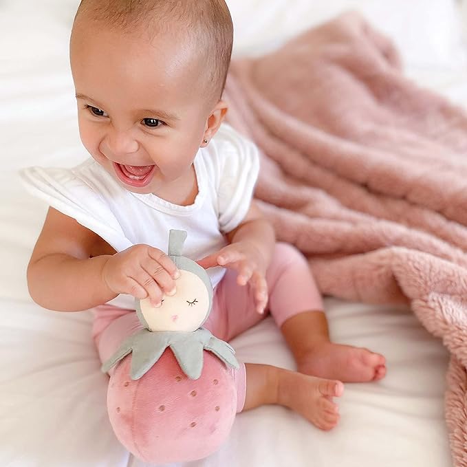 MON AMI Pinky Berry Soft Baby Rattle Toy – 7” Plush Stuffed Animal with Sound, Baby Rattle for Infants