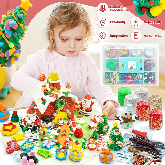SIMPLIPLAY Christmas Sensory Dough Kit with 6 PCS 18oz Glitter Doughs & Accessories(280+pcs), DIY Christmas Crafts Kids, Stocking Stuffers for Kids, Build a Snowman Kit with Ornaments Creative Gift