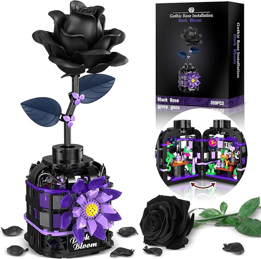 Gothic Black Roses Building Blocks Kit, Mysterious Dark Bloom with Vase Toy Building Sets for Boys Girls, 359 Pcs Artificial Flower Building Toys Halloween Decor Gifts for Kids Adults