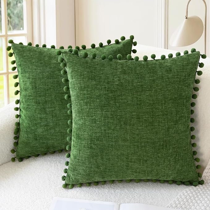 CaliTime Decorative Couch Throw Pillow Covers 18 X 18 Inches Forest Green | Pack of 2, Cozy Chenille Cushion Cases, with Pom Poms for Sofa Bed Living Room Farmhouse Home