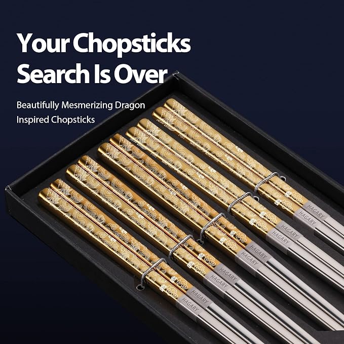 Hagary Dragon Chopsticks Metal Reusable Designed In Korea Japanese Style Stainless Steel 316 18/10 Non-Slip Dishwasher Safe Laser Etched (Gold - 5 Pairs)