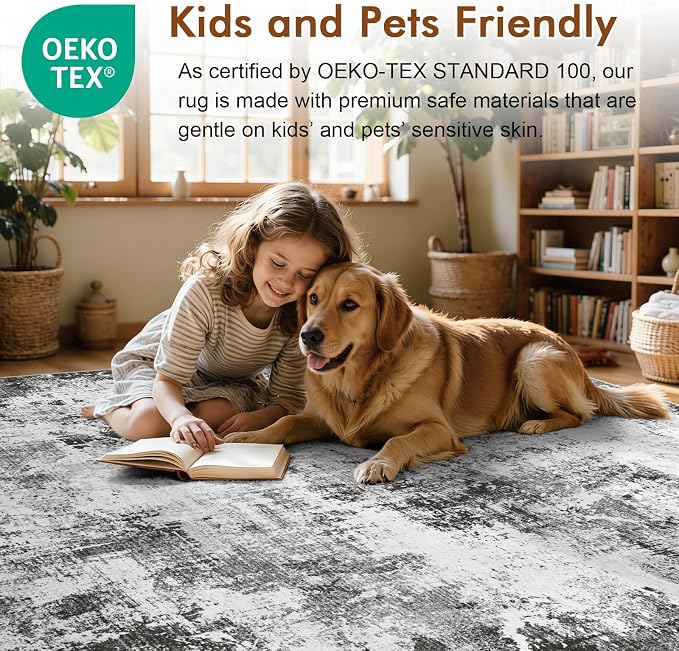9x12 Ft Extra Large Washable Area Rugs for Living Room, Soft Non-Slip Modern Abstract Pattern Carpet for Bedroom Indoor Floor Nursery Home Decor (Grey)