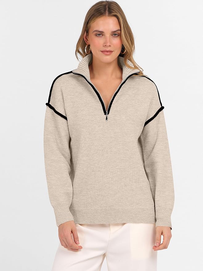 ANRABESS Womens Quarter Zip Sweaters Fall Long Sleeve V Neck Shirts Collared Business Casual Tops Knit Pullover Sweatshirts
