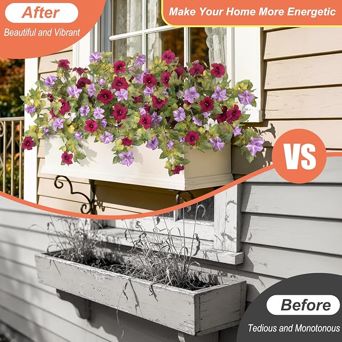 Ammyoo Artificial Fall Flowers Fake Petunias Plants for Outdoor Decoration | 4 Pcs UV Resistant Faux Silk Flowers No Fade Floral for Garden Balcony Yard Porch Realistic Indoor Decor (Burgundy Purple)