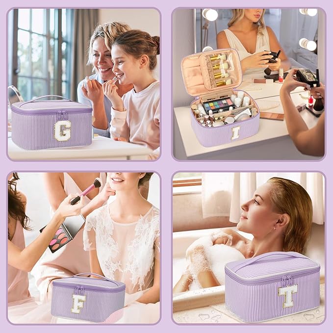 OCHEAL Makeup Bag Valentines Day Gifts for Women, Monogram Cosmetic Bag Purple Travel Makeup Case Beauty Toiletry Bag Organizer Personalized Gifts for Girls Bridesmaid, Sister, Wife, Friends Initial F
