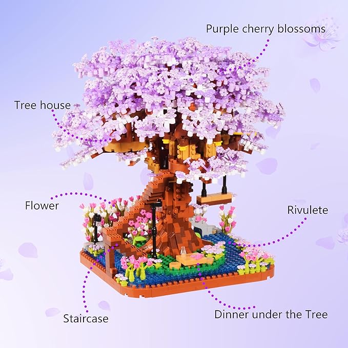 Cherry Blossom Bonsai Tree Micro Building Set Creative Gift for Adults Girls Boys 14+, Japanese Purple Cherry Tree House Micro Blocks Model for Adults, Flowers House 2200PCS
