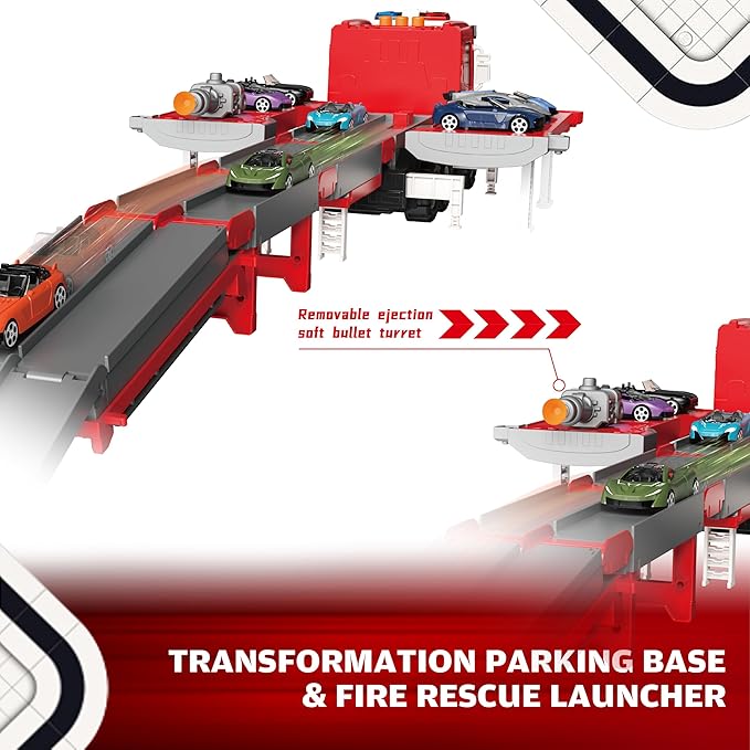 3in1 Fire Trucks Toys for Toddlers Ages 3-5, Carrier Toy Truck & Foldable Race Track, 12 Die Cast Cars Firetruck Toys for Toddlers 1-3 3-5 w/Light & Sound, Kids' Play Cars & Race Cars for Boys Girls