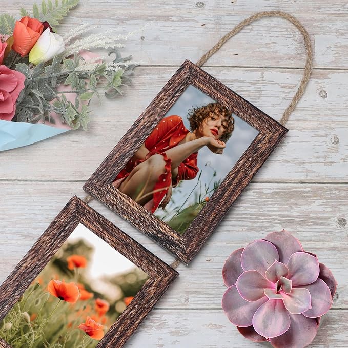 QUTREY 4x6 Picture Frames Collage, 3 Openings 4 x 6 Vertical Hanging Photo Frames Display 4 by 6 inch Pictures for Wall Decor Room Decor, Distressed Brown