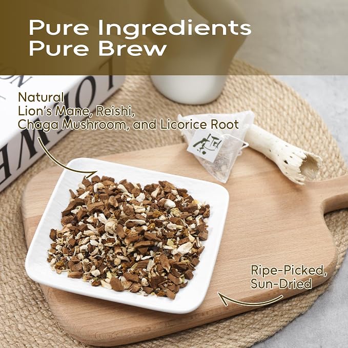 FullChea - Mushroom Blend Tea Bags, 50 Count, Mushroom Blend Herbal Tea | Mushroom blend tea, lion’s mane, reishi, chaga & licorice root, Non-GMO, caffeine-free, earthy mild flavor, gentle digestion