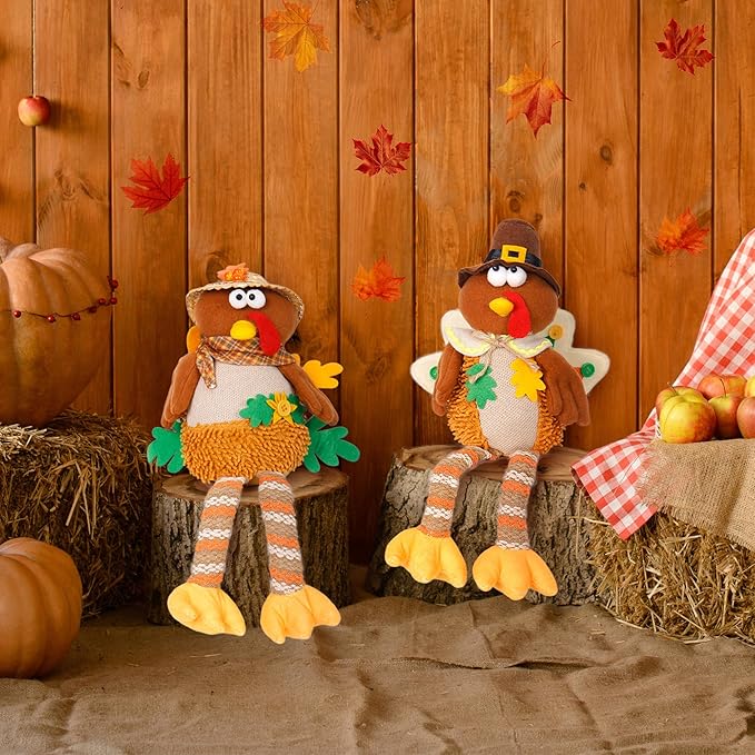 2 Pack Turkey Stuffed Animal, Thanksgiving Table Decor Turkeys Plush Fall Couple Doll Indoor Gift for Thanksgiving Day Party Boys and Girls