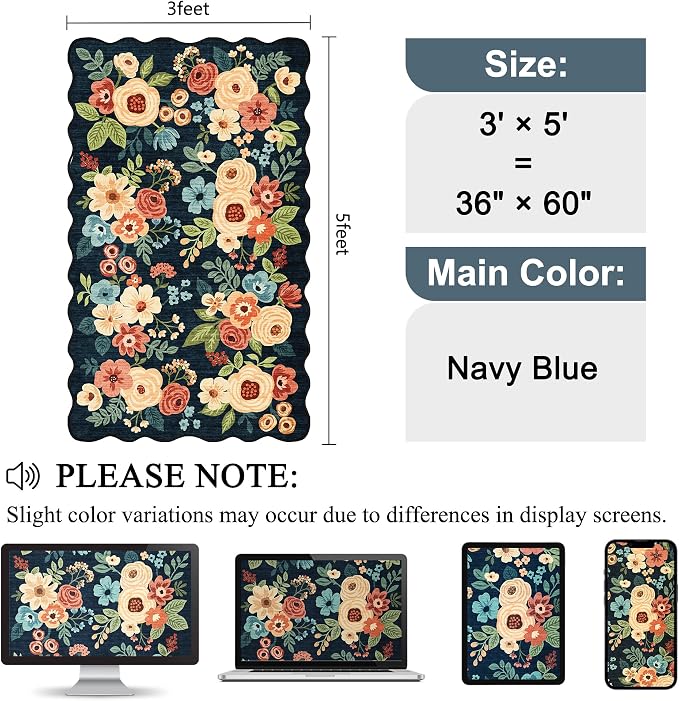 DUKINO 3x5 Area Rugs, Non Slip Floral Washable Rug for Bedroom, Navy Blue | Soft, Low Pile, Non-Shedding Throw Rugs for Living Room, Entryway, Kitchen, Kids Room, Pet Friendly, Home Decor, Lightweight