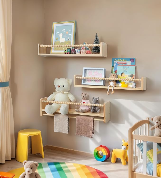 Maxpeuvon Wood Nursery Floating Shelves Cloud Shape Set of 2 | Natural Wood Nursery Shelves with Towel Bar, Wall Storage for Books, Toys and Decor, for Kids Room, Bedroom, Living Room