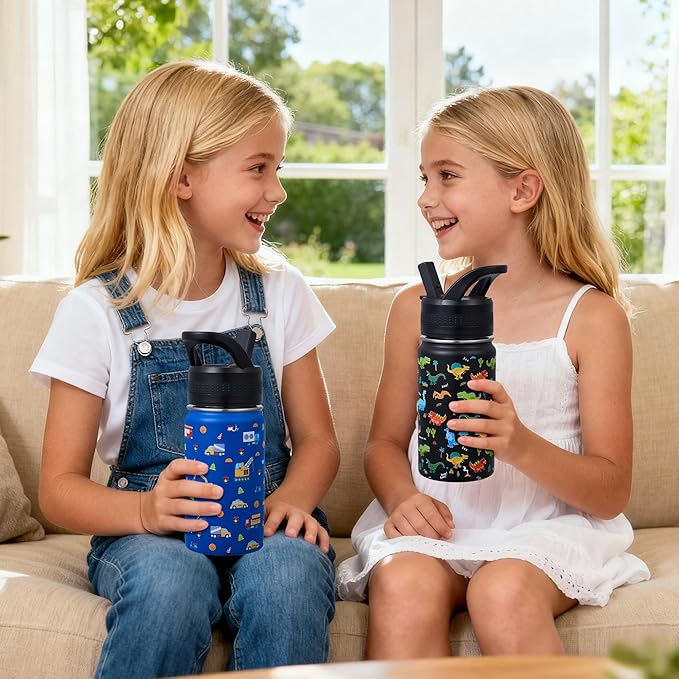 2 Pack Kids Water Bottle,14oz Stainless Steel Insulated Water Tumbler Leak-Proof,School Water Mug,Small and Portable,Suitable for Boys and Girls to Use(Black dinosaur + Blue car)