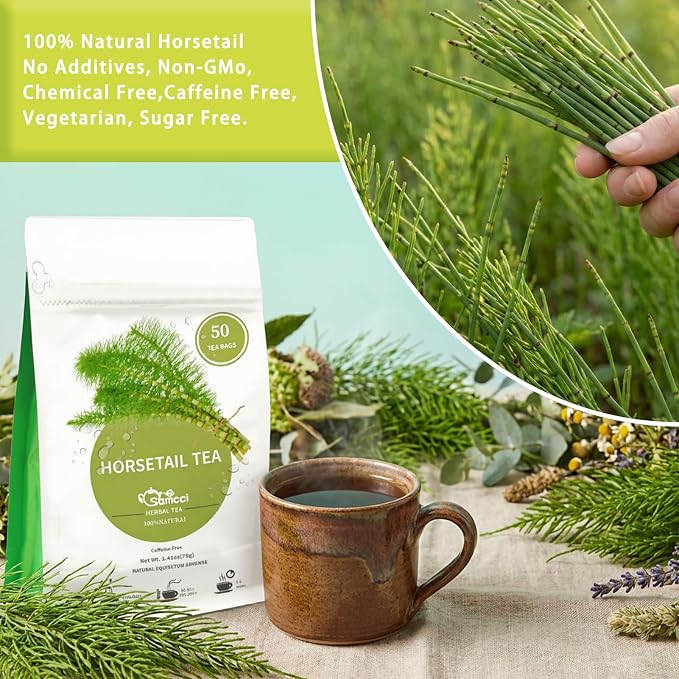 Samcci - Horsetail Tea Bags - 1.5g x 50 Count - Natural Dried Horsetail Herb - Cola De Caballo Hierba - Non-GMO & Caffeine-Free - Plant-Based Corn Fiber Mesh Bags - Supports Hair & Nail Health