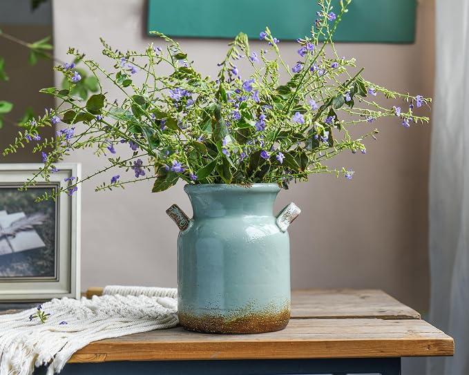 Quoowiit Ceramic Rustic Farmhouse Vase, Distressed Decorative Flower Vases for Home Decor, Ideal Shelf Decor, Green Boho Vase for Living Room Bedroom Kitchen Office Centerpiece Table Decorations