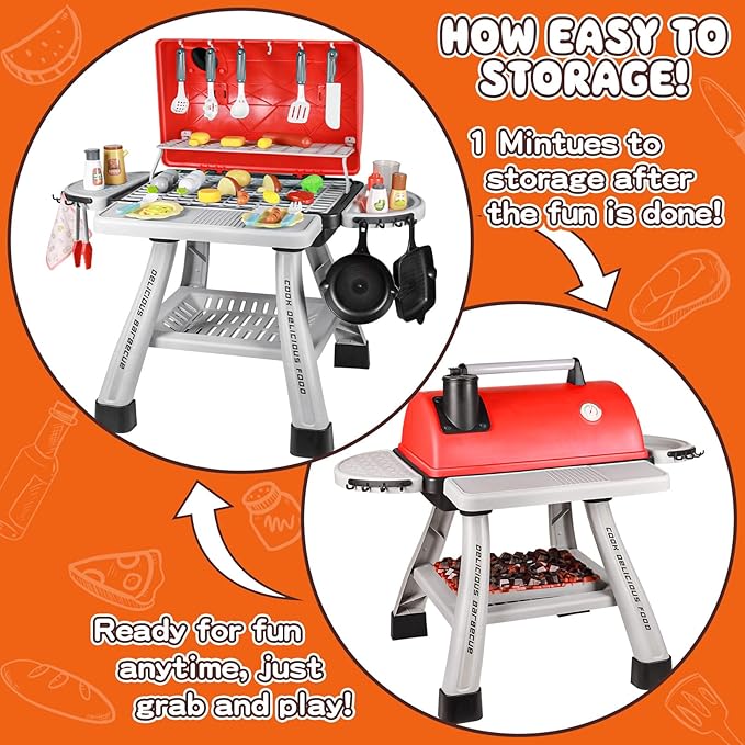 2025 Kids Kitchen Playset Toy Grill BBQ with Smoke Light Outside Pretend Play Food Toys Cooking Set 2-Layer Barbecue Gifts for Toddler Boys Girls 3-5 6 7 8