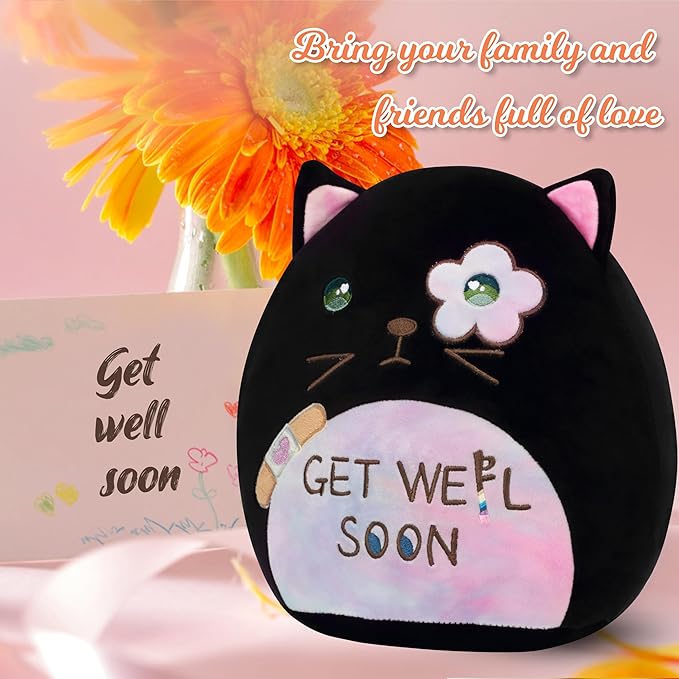 Easfan Get Well Soon Stuffed Cat Plush Pillow, Cozy Black Kitty Snuggle Soft Toy with Rainbow Belly, Gifts or Patients Girls Boys Women Men After Surgery, 12"