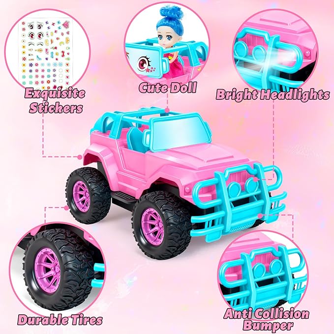 Ynybusi Remote Control Car RC Truck with DIY Stickers and Doll, 1:20 Scale Remote Control Monster Truck, 2.4Ghz LED Light Off-Road Racing Cars, for Kids Boys Girls 6 7 8 9 10 Years Old