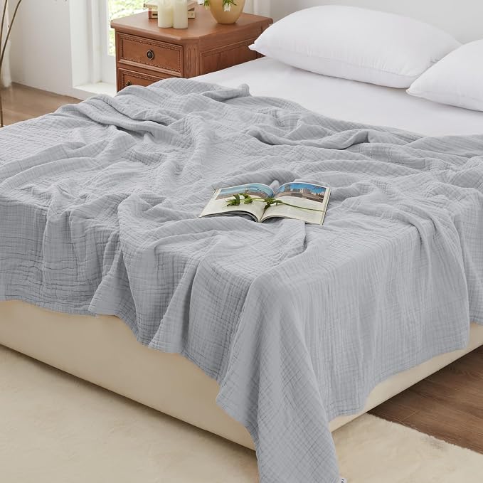 Love's cabin 100% Cotton Muslin Blanket, 6 Layer Lightweight Breathable Gauze Queen Size Blanket 90 x 90 Inches, Soft All Season Blanket for Bed, Light Grey