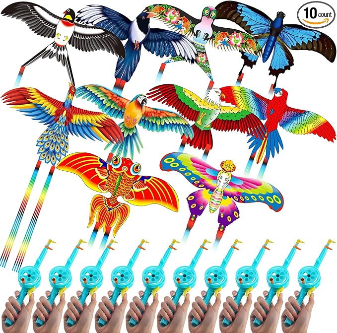 VioraWhite 10 Pcs Fishing Rod Kite for Kids, Vivid Butterfly Swallow Parrot, Easy to Fly, Swallows, Bald Eagles, Magpies Kites for Family Adults Spring Outdoor Beach