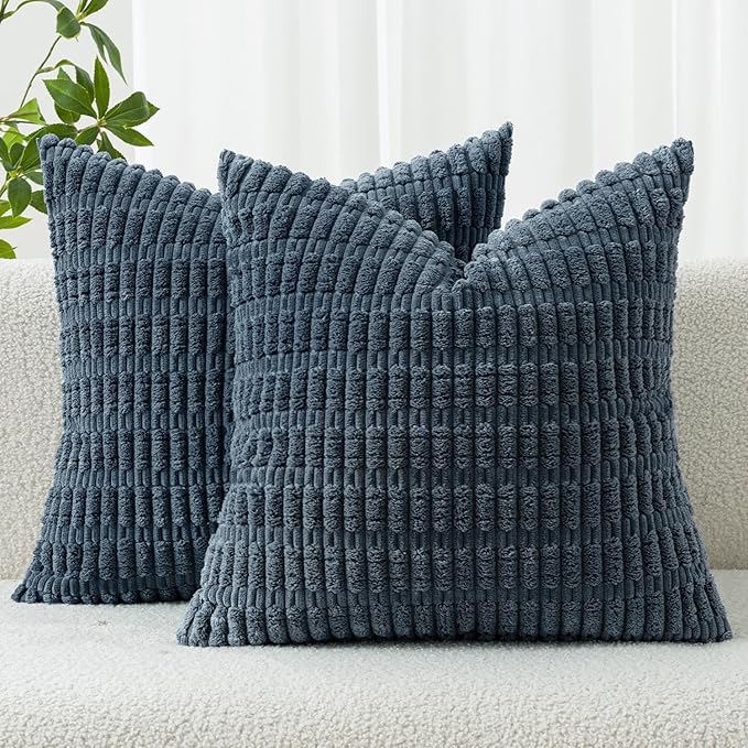MIULEE Euro Sham Corduroy Decorative Throw Pillow Covers 24x24 Blue | Pack of 2 Soft Boho Striped Pillow Covers Modern Farmhouse Coastal Home Decor For Sofa Living Room Couch Bed