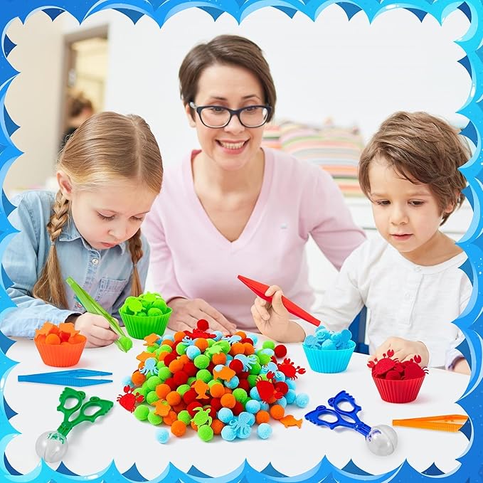 EZdhuawuse Summer Sea Animal Sensory Bin Fillers - 295Pcs Ocean Animal Fine Motor Toys Color Counting Sorting Set for Kids, Felt Octopus Crab Turtle Pom Poms Cup Clip for Preschool Education Training