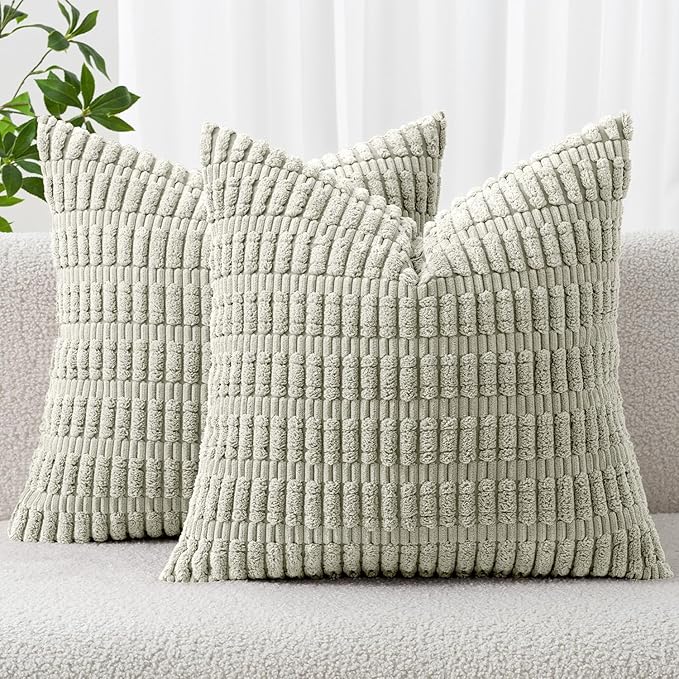 MIULEE Corduroy Decorative Throw Pillow Covers 20x20 Light Green Pack of 2 | Soft Boho Striped Pillow Covers Modern Farmhouse Home Decor For Sofa Living Room Couch Bed