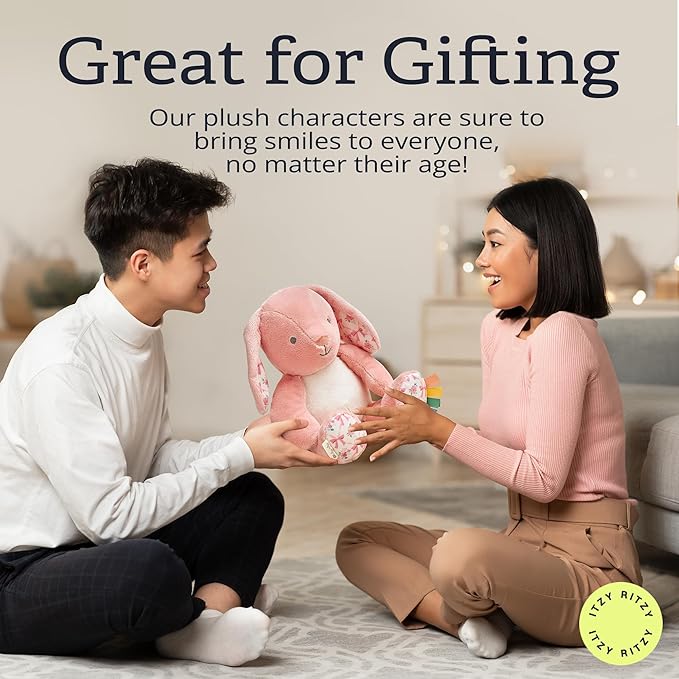 Itzy Ritzy Snuggles Plush Toy – Soft Stuffed Animal for Babies, Kids & Adults – Sensory Ribbons & Textured Fabrics for Tactile Play – Cozy & Cuddly Companion for Newborns & Up (Pink Bunny)