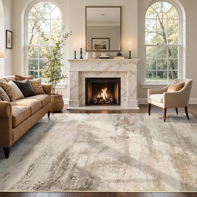 6x9 Ft Large Abstract Area Rugs for Living Room, Soft Non-Slip Modern Washable Rugs Print Pattern Carpet for Bedroom Indoor Floor Nursery Home Decor (Pink-Brown/Light tan)