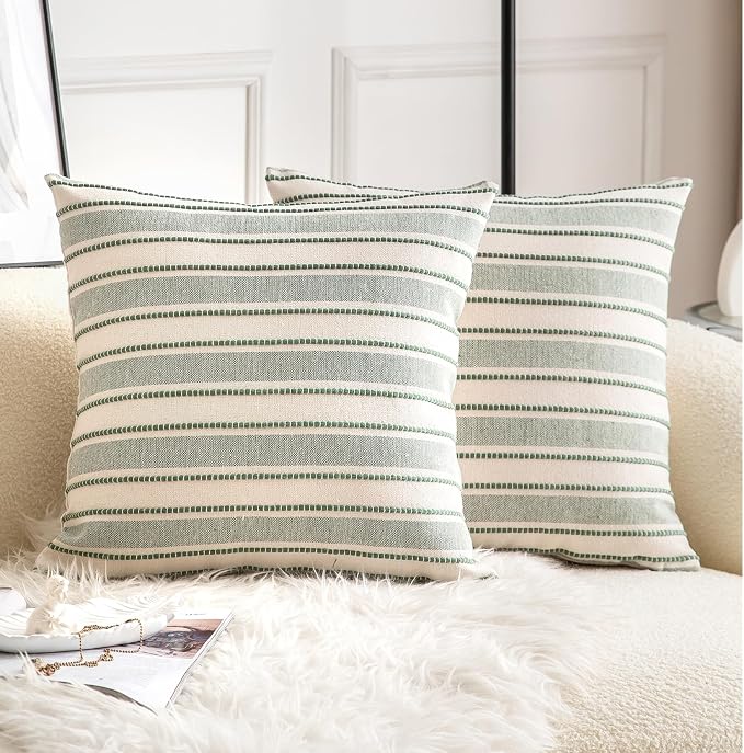 Cethom Decorative Boho Throw Pillow Covers, Farmhouse Textured Pillow Case, 22 x 22 Inch Set of 2, Chair Sofa Bedroom Living Room Home Decor Couch Cushion Case, Green and Beige Striped