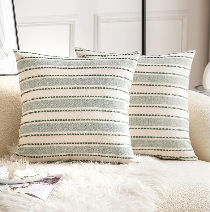 Cethom Decorative Boho Throw Pillow Covers, Farmhouse Textured Pillow Case, 20 x 20 Inch Set of 2, Chair Sofa Bedroom Living Room Home Decor Couch Cushion Case, Green and Beige Striped
