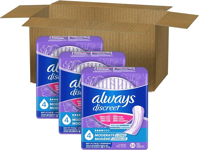 Always Discreet Adult Incontinence Pads for Women, Drier, 4 Drop Long Length, Moderate Absorbency, Pads for Bladder Control Management, Bladder Leaks, & Postpartum Pads, 162ct