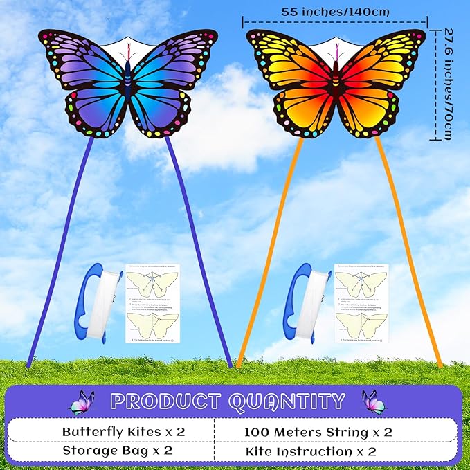 Silipull 2 Pcs Butterfly Kite 55" x 28" Large Kites with 328ft Kite String Beach Colorful Kites for Adults Beginner Outdoor Supplies (Purple and Orange)