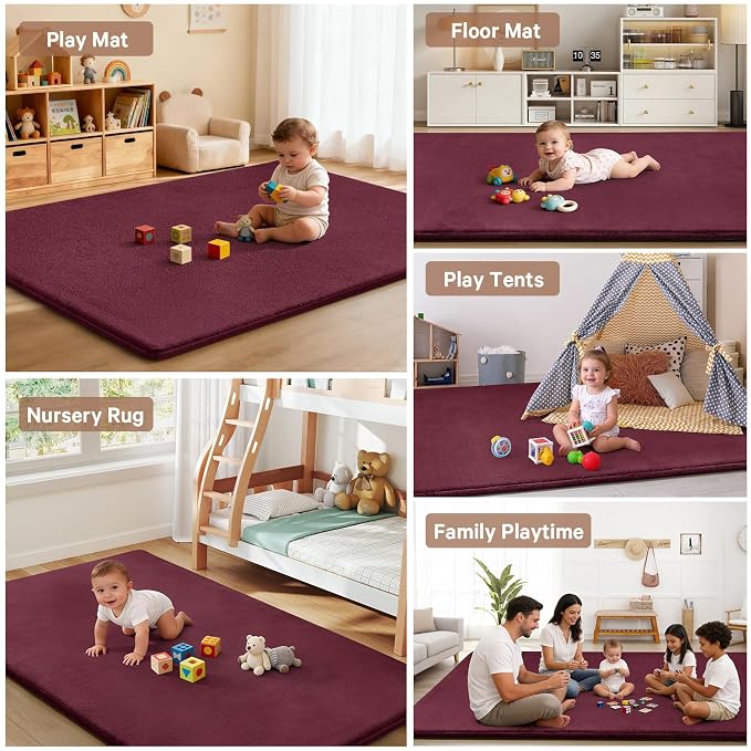 Baby Play Mat for Floor,Ultra Thick Elastic Foam 50"x50" Playmat Tummy Time Muscle Crawling Exercise Activity Cushion Gym Mat Nursery Playroom Area Kids Rug for Babies, Toddlers,Infants,Burgundy