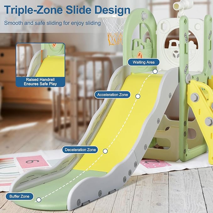 6 in 1 Toddler Playset Toddler Slide and Climber Playset, L-Shaped Kids Slide with Basketball Hoop, Telescope & Storage, Sturdy Indoor Outdoor Playground, for Boys Girls 1-3+