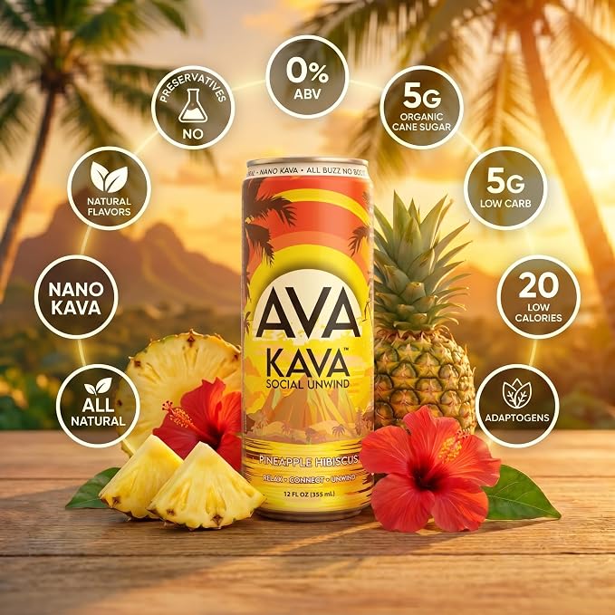 AVA Kava | Alcohol-Free Relaxation Drink | Pineapple Hibiscus | Fast Acting Nano Kava • Zero Sugar Alcohols • Vegan • Plant Based • No Preservatives • Natural Flavors • Non GMO • Gluten Free | 12oz Cans (12-Pack)